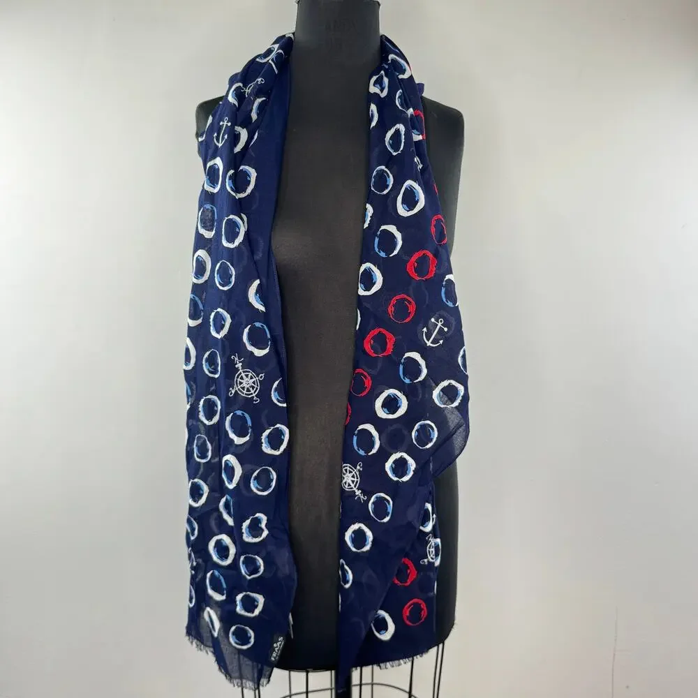 Fraas Navy Red White Nautical Rectangle Scarf Cotton Bold Casual Fringe Hem NEW